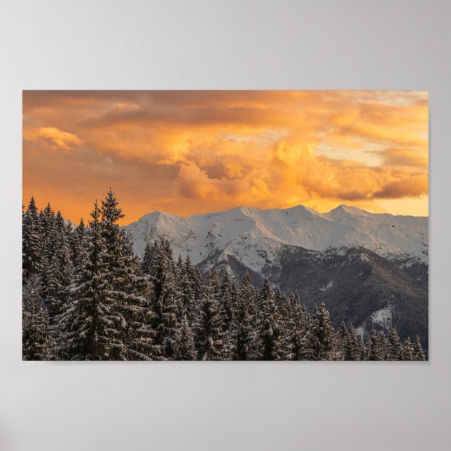 Póster Nubes naranjas sobre montañas y bosque de abetos (Frente)