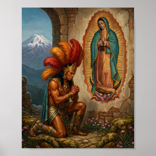 Póster Nuestra Señora de Guadalupe y Guerrero Azteca - Fe