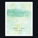 Póster Nuestro Feliz Día Después De La Personalizada Pare<br><div class="desc">Nuestro más feliz siempre después de imprimir imágenes de pared de acuarela verde esmeralda personalizadas de pareja. Impresiones personalizadas de pareja, de rojo_dress, que incluyen una cita de "este es nuestro más feliz siempre" y nombres personalizados de pareja/año establecido. El boda cita al poster impreso sobre fondo de color azul...</div>