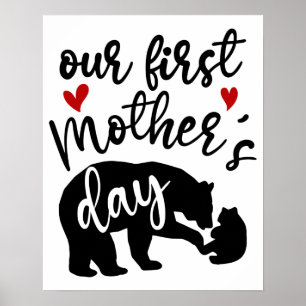 Póster Nuestro primer Día de la Madre Corazones Mama Bear