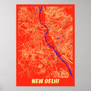 Póster Nueva Delhi - Mapa de la ciudad retro de la India