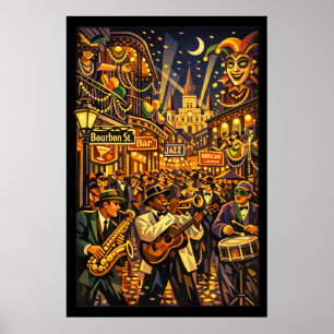 Póster Nueva Orleans en Mardi Gras estilo retro Art Deco