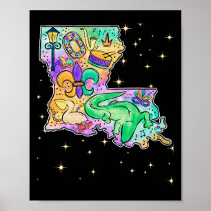 Póster Nueva Orleans Louisiana Map Mardi Gras Jester Funn