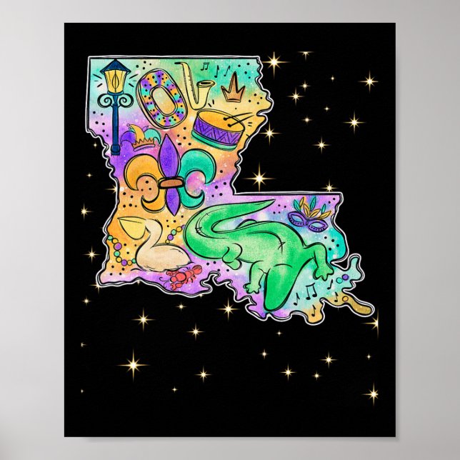 Póster Nueva Orleans Louisiana Map Mardi Gras Jester Funn (Frente)