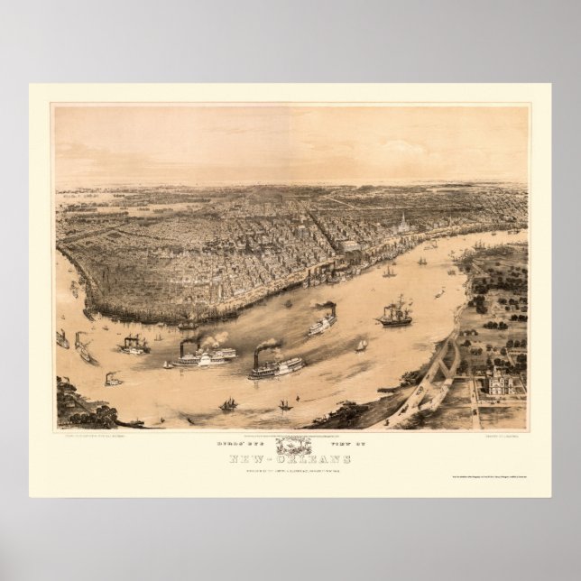 Póster Nueva Orleans, Mapa Panorámico LA - 1851 (Frente)
