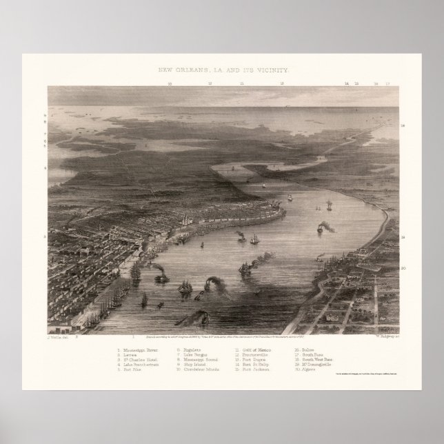 Póster Nueva Orleans, Mapa Panorámico LA - 1863 (Frente)