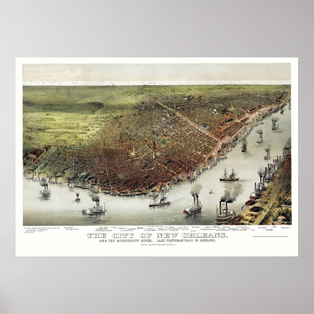 Póster Nueva Orleans, Mapa Panorámico LA - 1885 (Frente)
