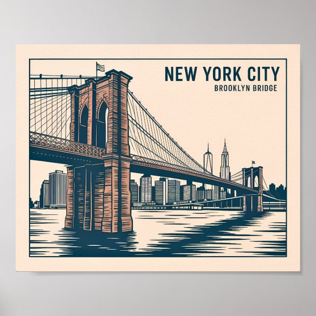 Póster Nueva York Brooklyn Bridge Skyline Bold Retro Trav (Frente)
