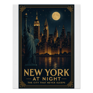 Póster Nueva York de Noche Silueta Retro – Ciudad Vintage