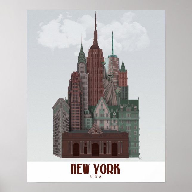 Póster Nueva York en nubes - rojo oscuro y verde (Frente)