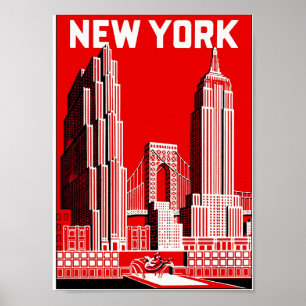 Póster Nueva York en rojo, Poster de viajes de época