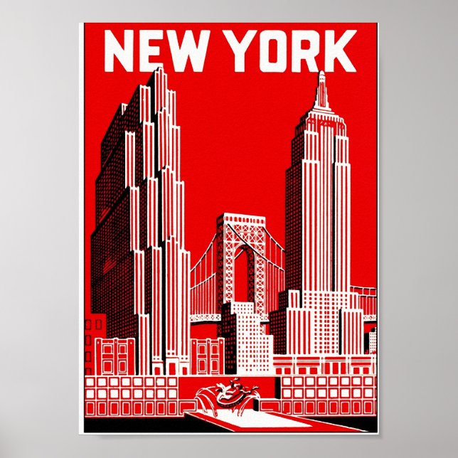Póster Nueva York en rojo, Poster de viajes de época (Frente)