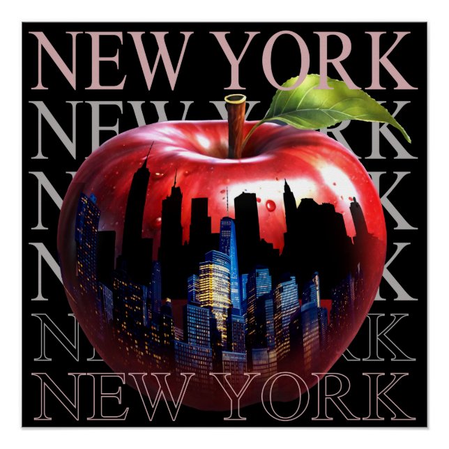 Póster Nueva York La Gran Manzana Fruta Silueta Ciudad (Anverso)