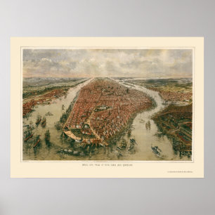 Póster Nueva York, mapa panorámico de NY - 1865
