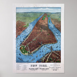 Póster Nueva York Vista aérea vintage Restaurada 1879