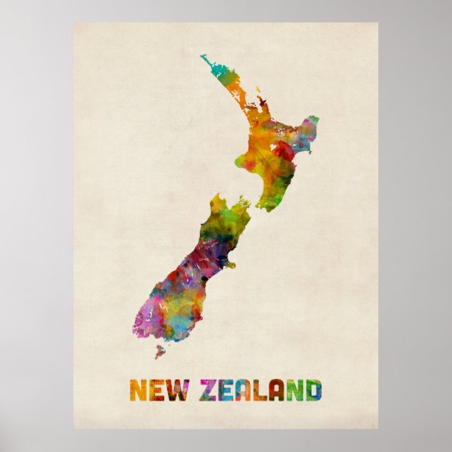 Póster Nueva Zelanda, mapa de acuarelas (Frente)