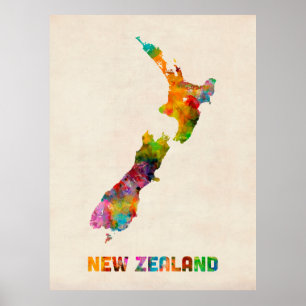 Póster Nueva Zelanda, mapa de la acuarela