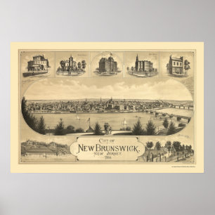 Póster Nuevo Brunswick, mapa panorámico de NJ - 1880