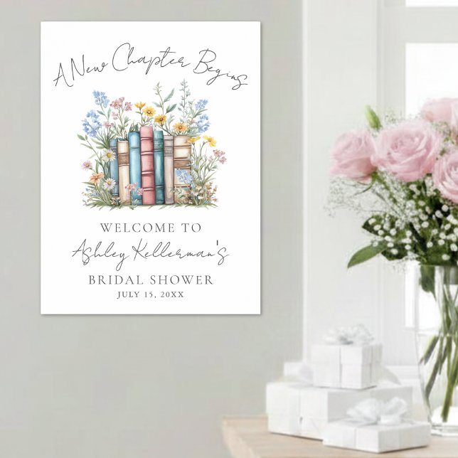 Póster Nuevo Capítulo Floral Libro Bienvenida para Desped (New Chapter Floral Book Bridal Shower Welcome Sign)