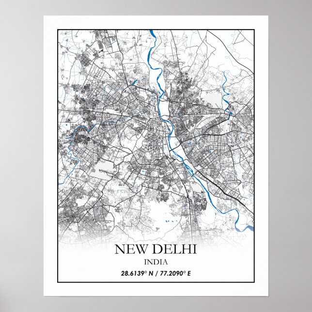 Póster Nuevo Delhi India: Mapa de viajes simple (Frente)