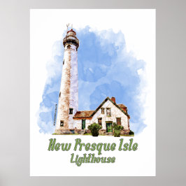 Póster Nuevo Faro de Presque Isle Acuarela - Michigan
