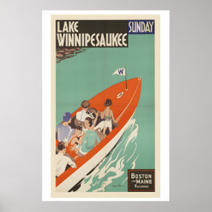 Póster Nuevo Hampshire Lago Winnipesaukee Viajes Antiguo