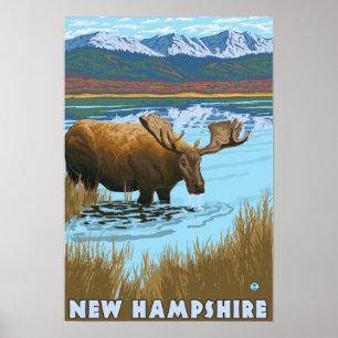 Póster Nuevo HampshireMoose que bebe en el lago