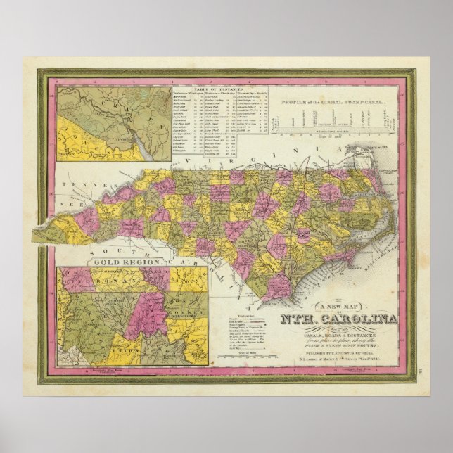 Póster Nuevo Mapa De Carolina Del Norte (Frente)