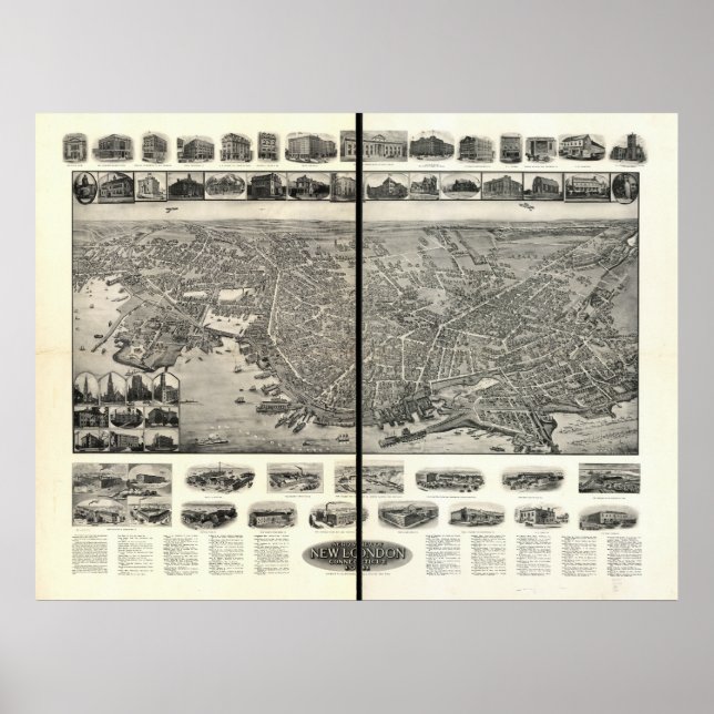 Póster Nuevo mapa panorámico de Londres Connecticut 1911 (Frente)