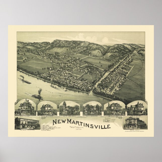 Póster Nuevo Martinsville, WV Mapa Panorámico - 1899 (Frente)