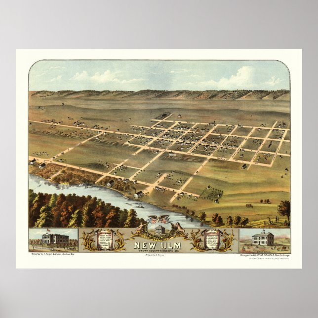 Póster Nuevo Ulm, MN mapa panorámico - 1870 (Frente)