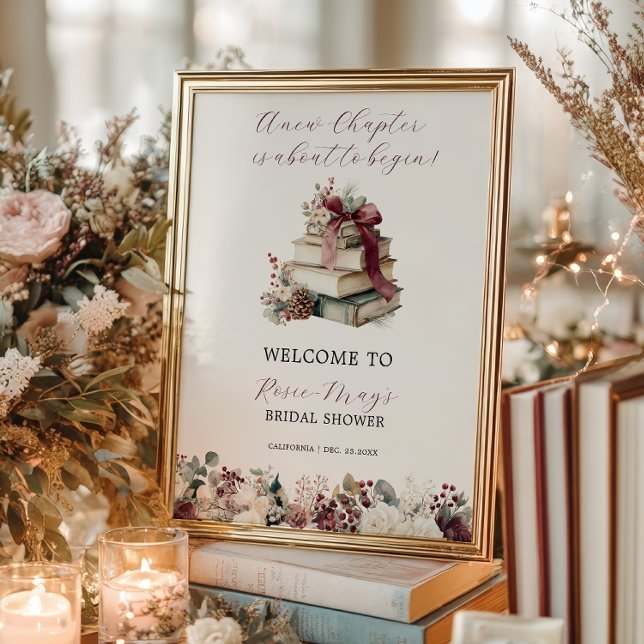 Póster Nuevos libros de capítulo Bienvenida a la ducha nu (New Chapter Books Winter Bridal Shower Welcome Poster)