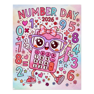 Póster Number Day 2026 Cute Pink Calculator Math Design