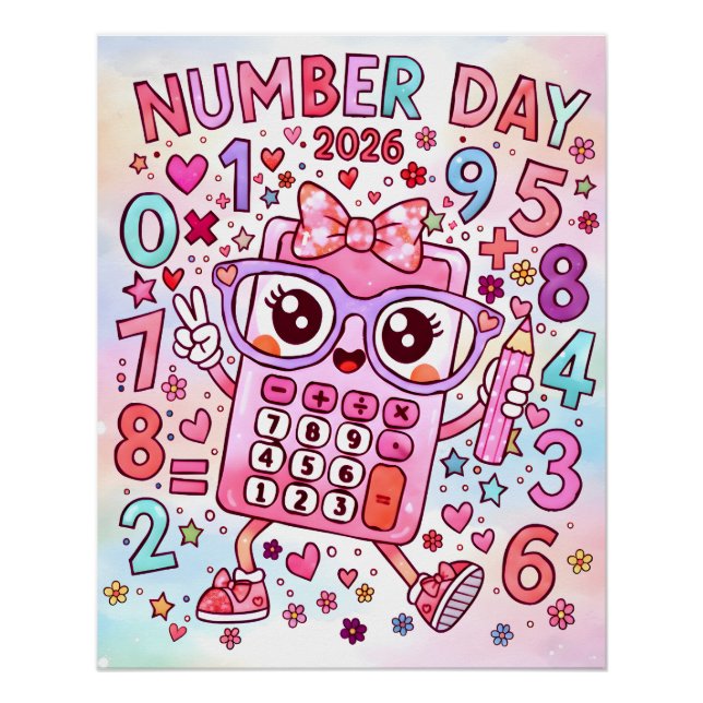 Póster Number Day 2026 Cute Pink Calculator Math Design (Anverso)