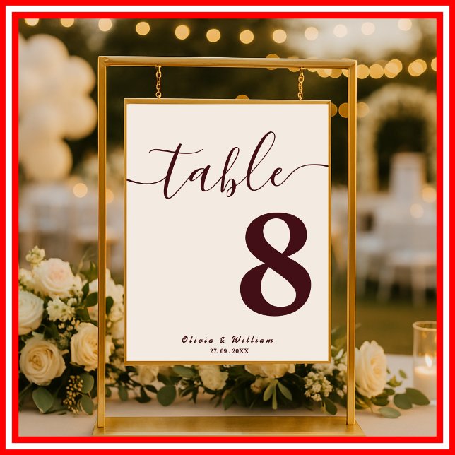 Póster Número de mesa de boda de Borgoña y Marfil (Subido por el creador)