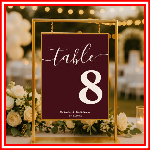 Póster Número de mesa de boda de Borgoña y Marfil
