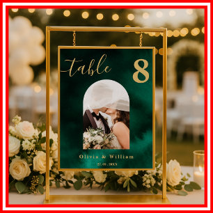 Póster Número de mesa de boda en verde esmeralda y dorado