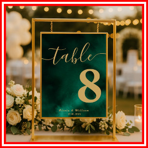 Póster Número de mesa de boda esmeralda verde y dorado