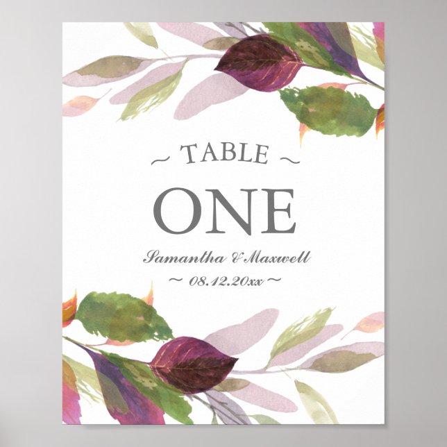Póster Número de Mesa de Hojas de Acuarela de Follaje de  (Frente)