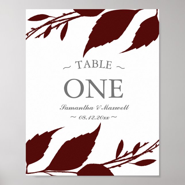 Póster Número de mesa de hojas de Borgoña de follaje de o (Frente)