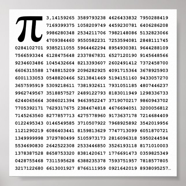 Póster Número De Pi De 1000 Primeros Dígitos | Símbolo ma (Frente)