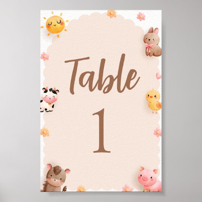 Póster Número de tabla de Baby Shower para animales de gr (Frente)