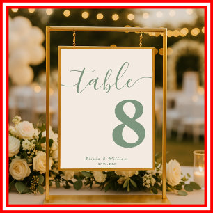 Póster Número de tabla de fotos de Boda verde sabio