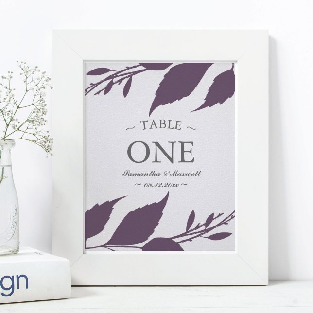 Póster Número de tabla de hojas púrpura de plumas de flot (table number wedding decor purple leaves)