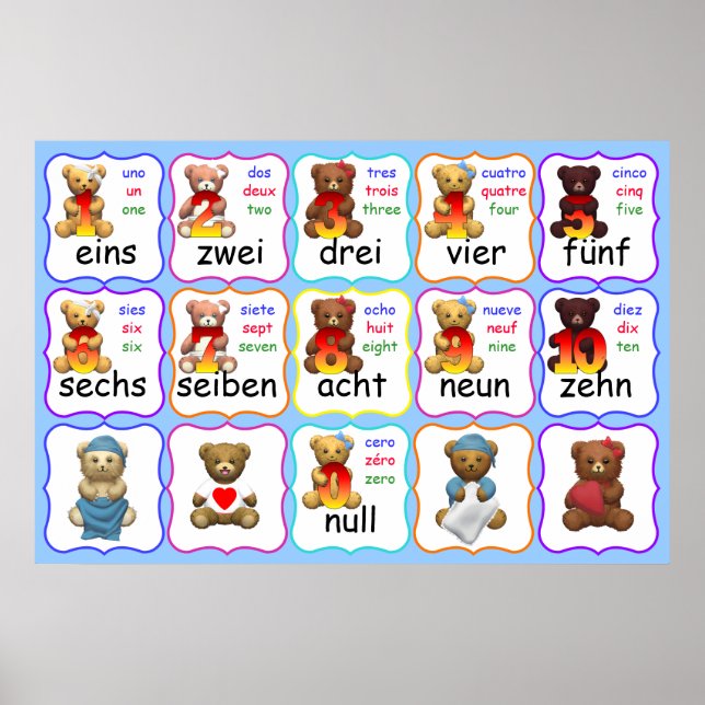 Póster Números de oso Educación, números, inglés, francés (Frente)