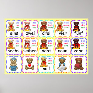 Póster Números del oso en español y francés alemán-inglés