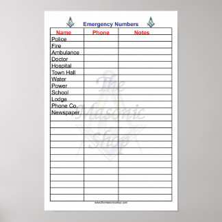 Póster Números telefónicos de emergencia masónicos