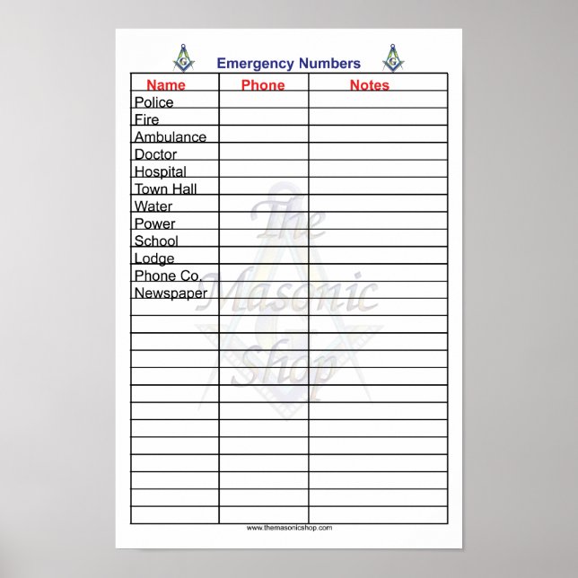 Póster Números telefónicos de emergencia masónicos (Frente)