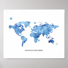 Póster Nunca Dejes de Explorar Mapa del Mundo Azul Impres