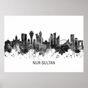 Póster Nur-Sultan Kazajistán Skyline BW